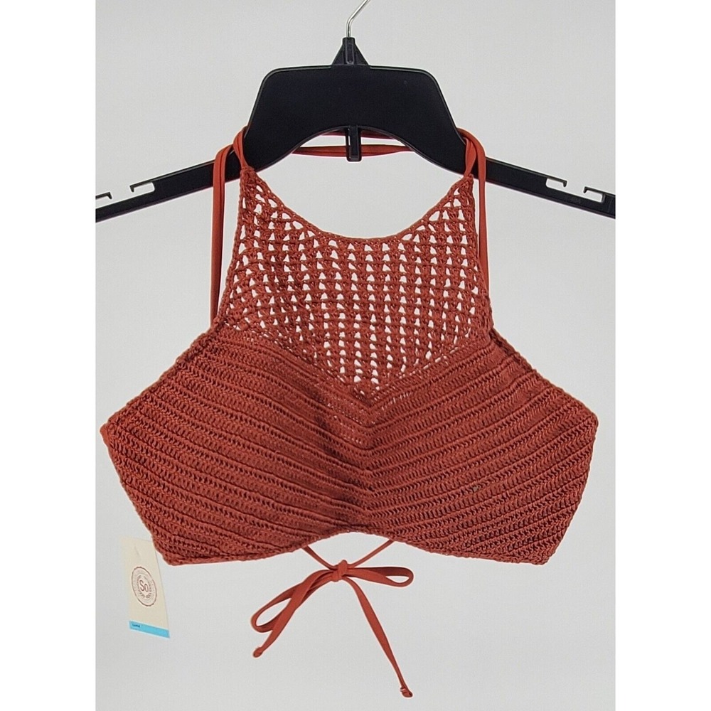 SO Juniors Large Crochet High Neck Halter Bikini Top Sienna Rust Orange Tie Back